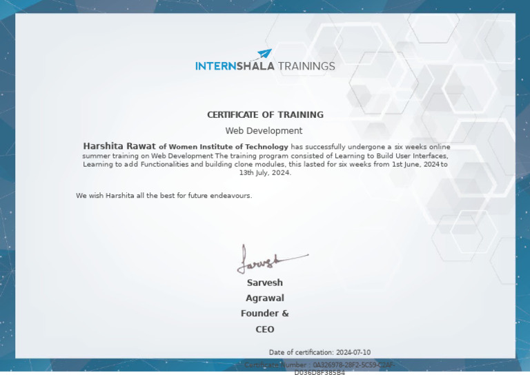 Web Development Training Certificate | PDF