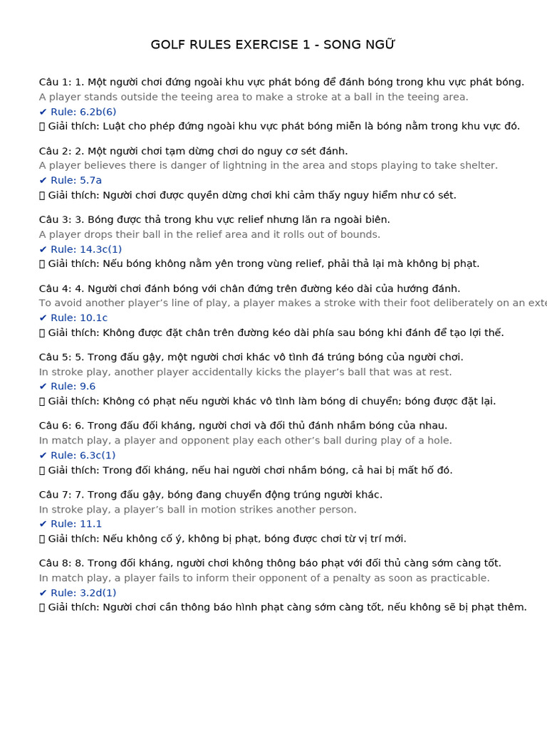 Golf Rules Exercise 1 Song Ngu | PDF