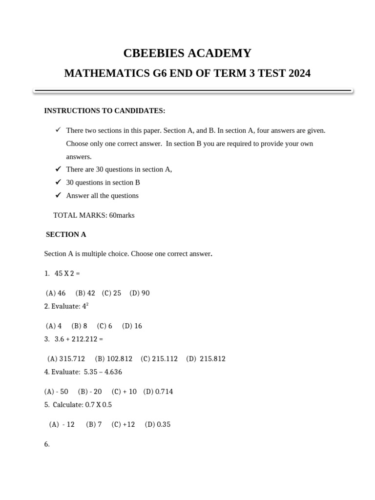 Grade 6 Term 3 Maths Test 2024 | PDF | Arithmetic | Mathematics