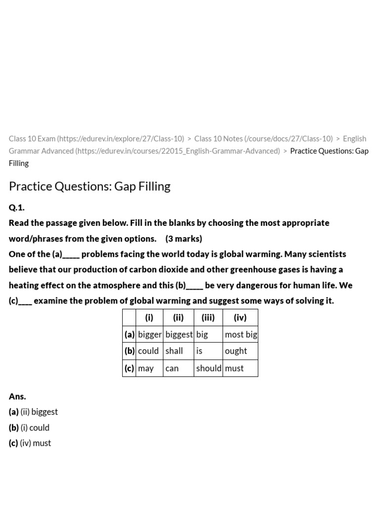 Practice Questions - Gap Filling - English Grammar Advanced - Class 10 ...