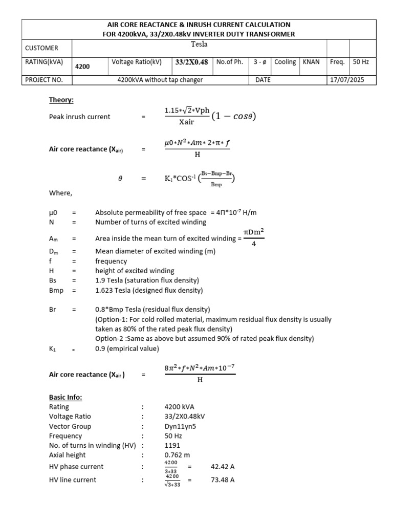Inrush Current & Reactance for 4200kVA Transformer | PDF | Transformer ...