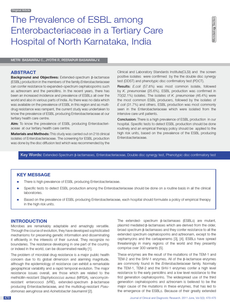 Prevalence of ESBL in Enterobacteriaceae | PDF | Beta Lactamase ...