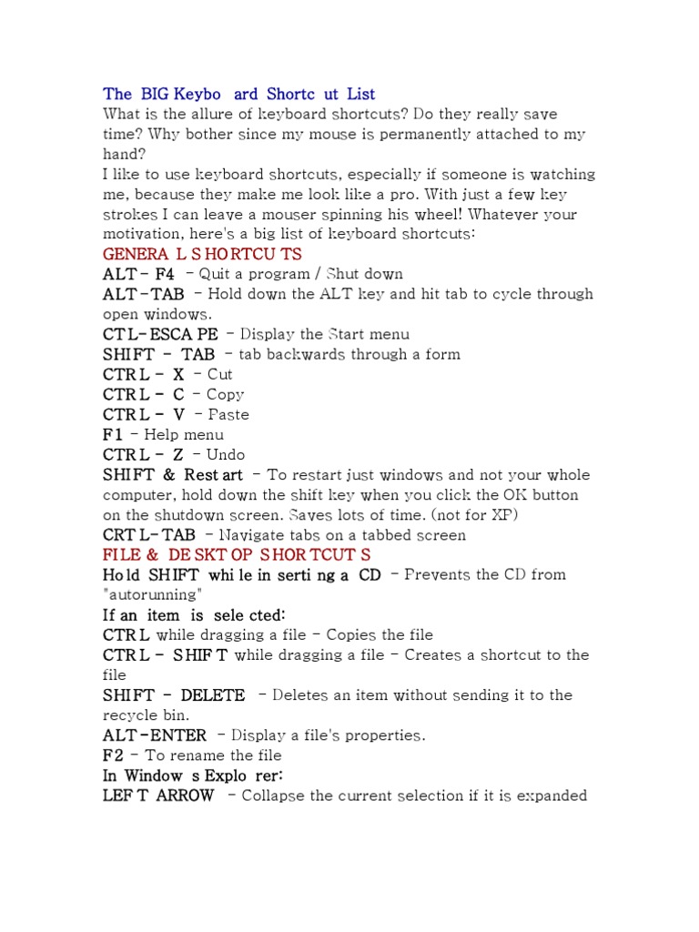 Comprehensive Keyboard Shortcuts Guide | PDF | Microsoft Windows ...