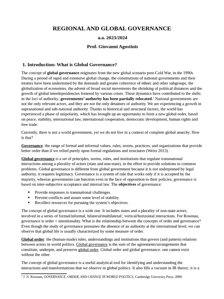 Regional and Global Governance Riassunto | PDF | Governance | Global ...