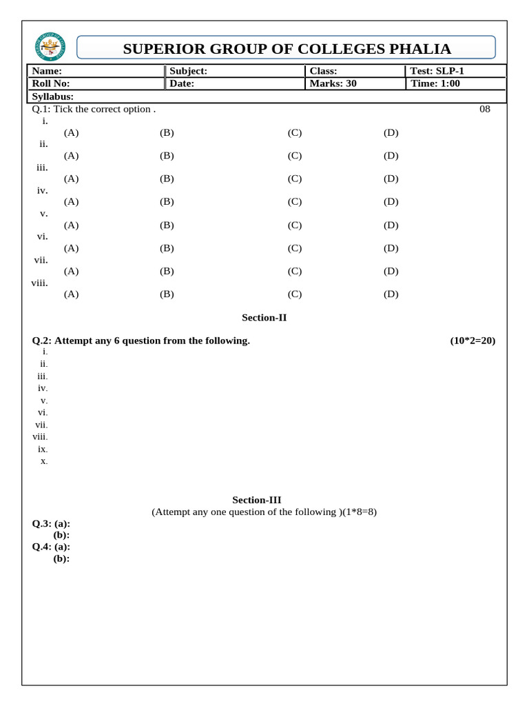 SLP-1 Test Paper for Superior Group Colleges | PDF