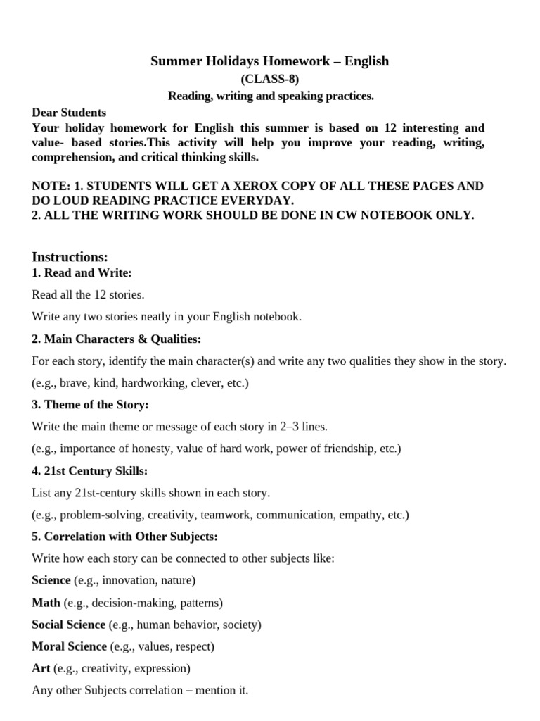 English Summer Holiday Homework for Class 8 | PDF | Wisdom