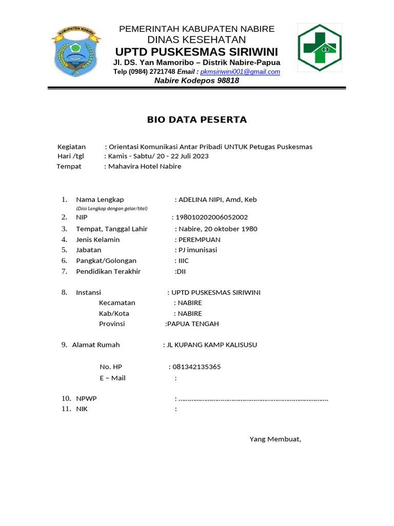 Bio Data Peserta Orientasi Puskesmas | PDF