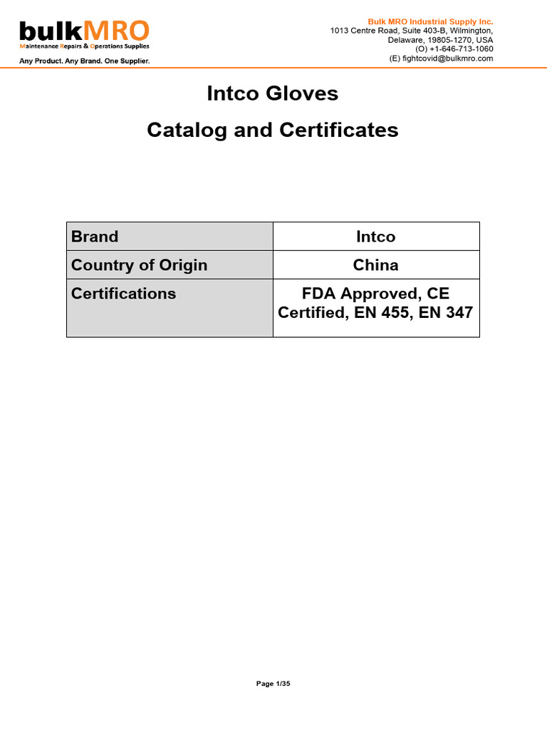 Intco Gloves Catalog and Certifications | PDF | Wilmington