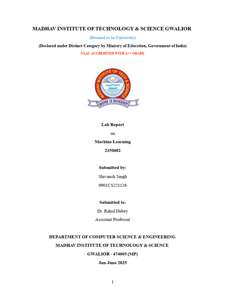 Machine Learning Lab Report - MIT Gwalior | PDF | Principal Component ...