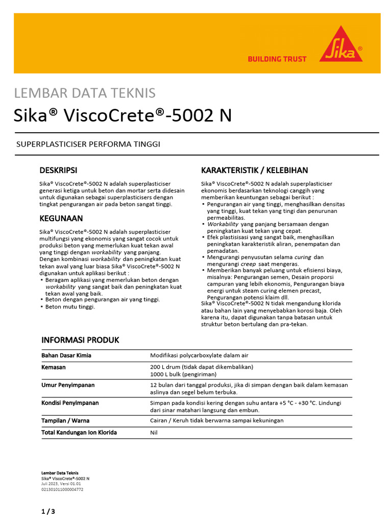 Superplasticiser Sika ViscoCrete 5002 N | PDF