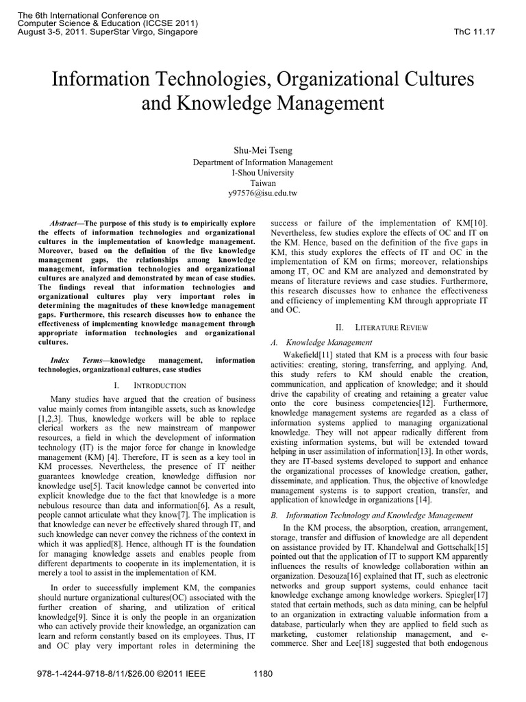 IT and Culture in Knowledge Management | PDF | Knowledge | Knowledge ...