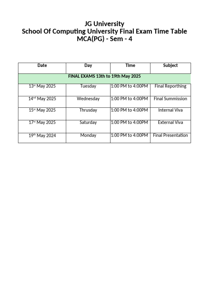 MCA 4th Sem Exam Schedule 2025 | PDF