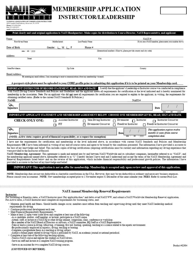 NAUI Instructor Membership Application | PDF | Underwater Diving
