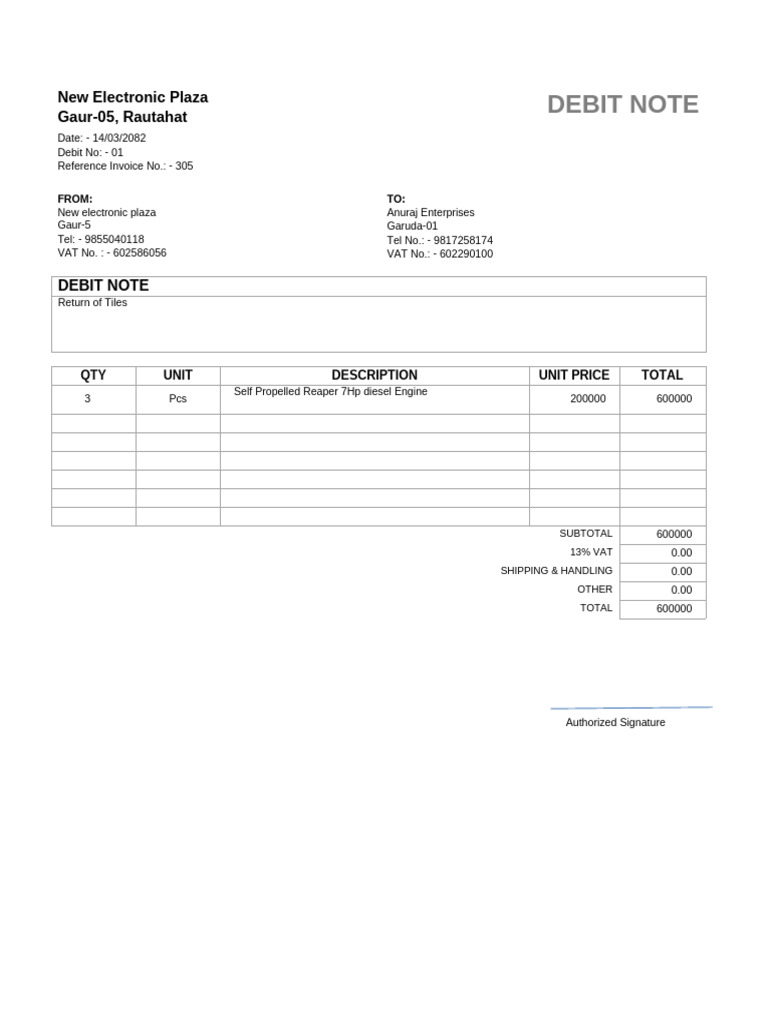 Debit Note for Tile Return - New Electronic Plaza | PDF