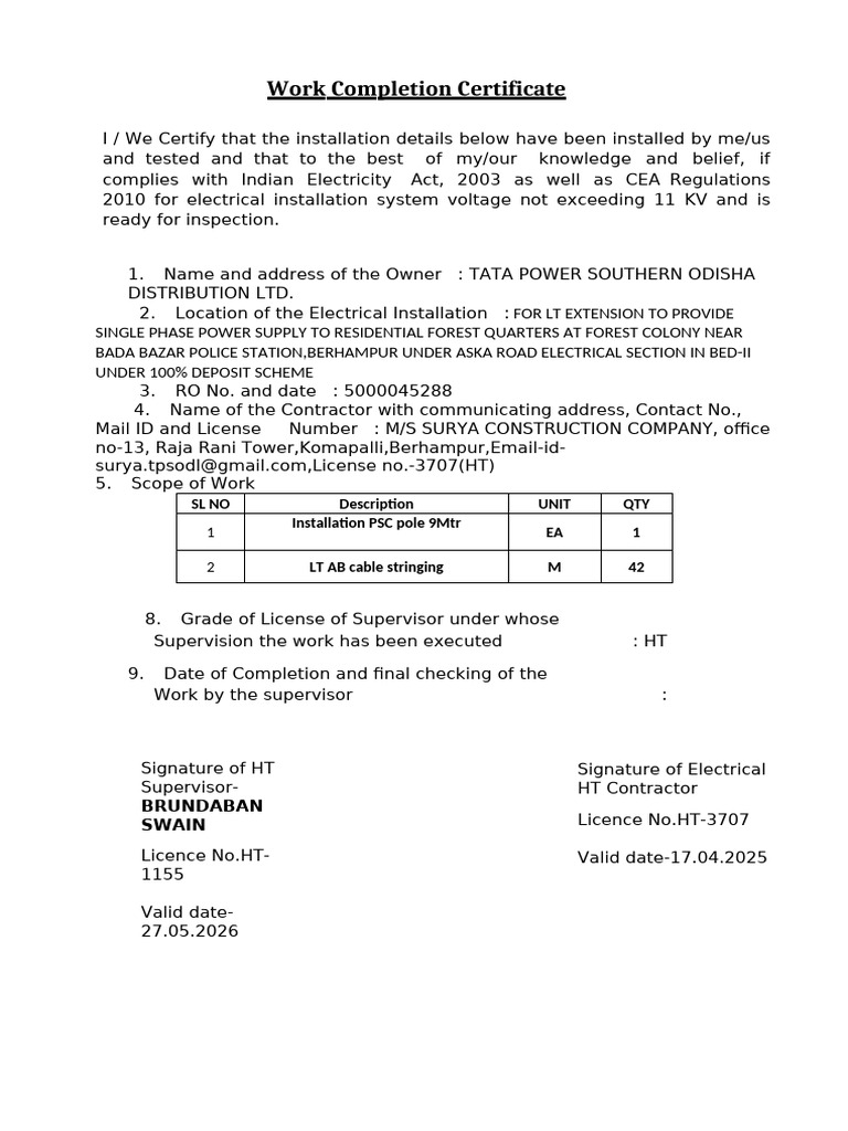 Work Completion Certificate for Electrical Installations | PDF