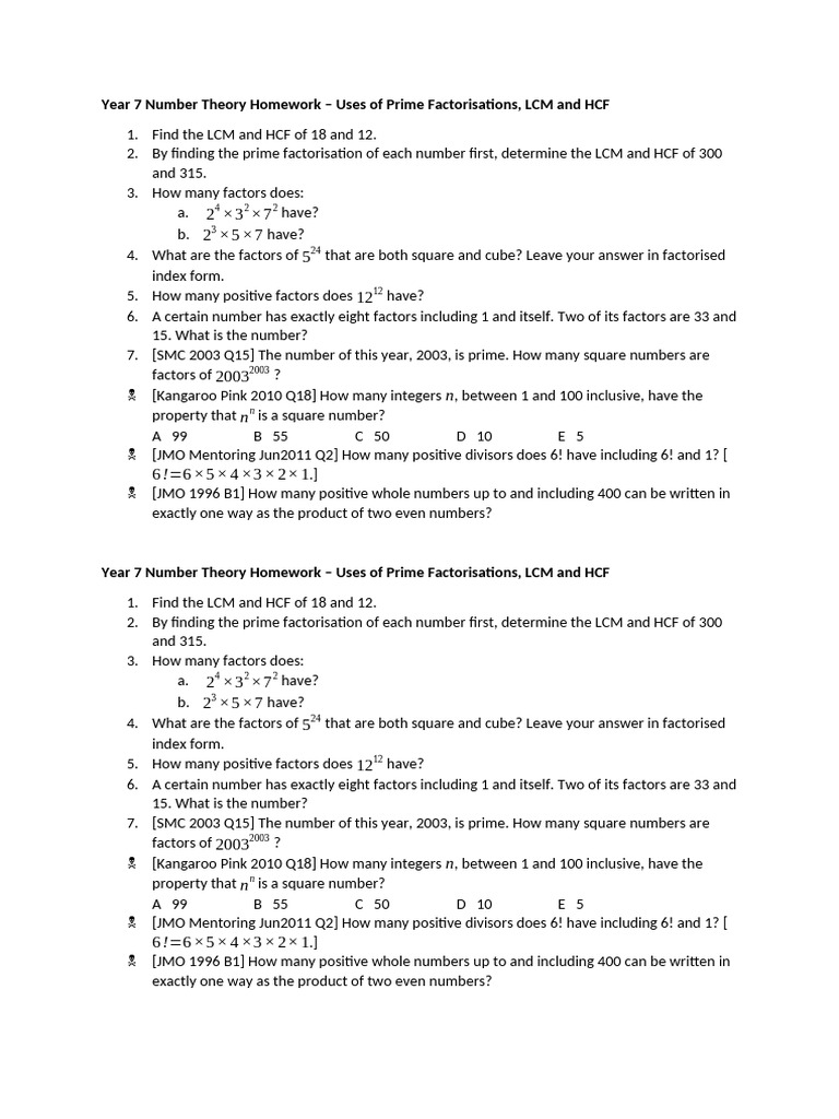 Yr7 NumberTheory Homework | PDF | Factorization | Prime Number