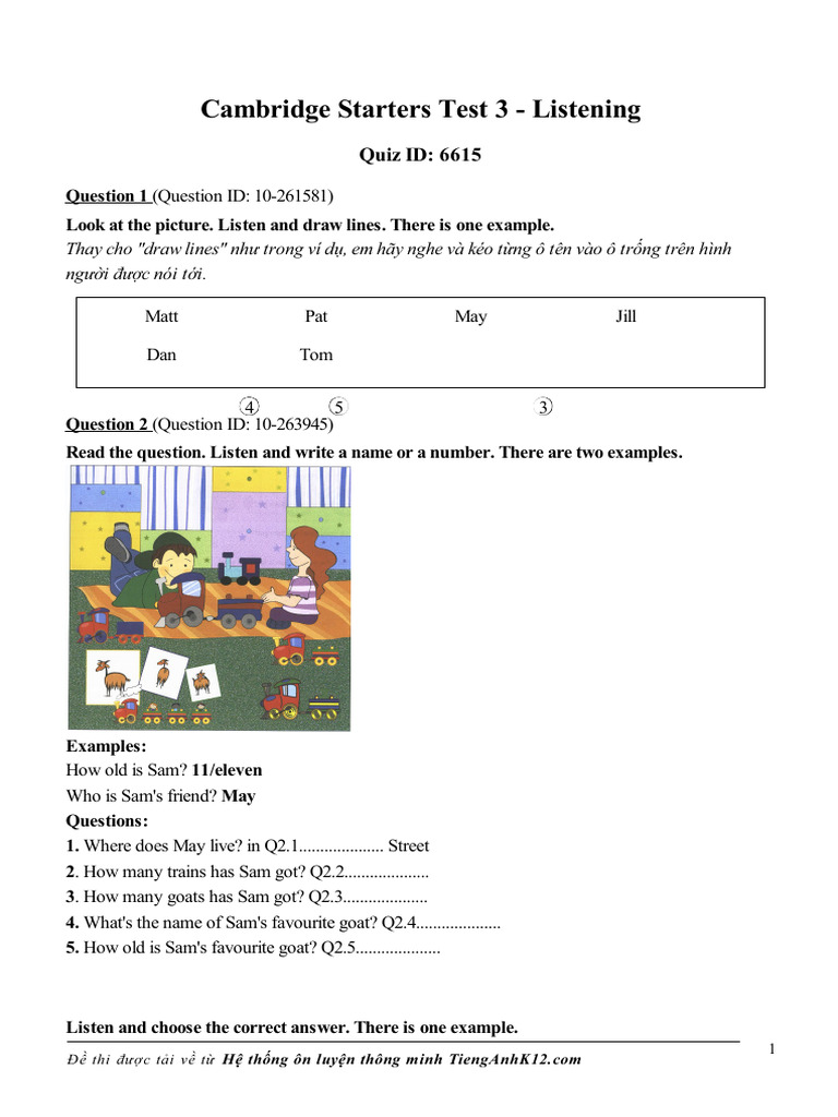 Cambridge Starters Test 3 - Listening: Quiz ID: 6615 | PDF