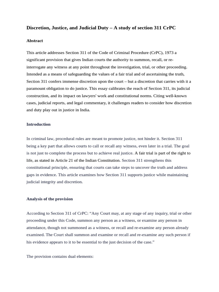 Section 311 CrPC: Discretion and Justice | PDF | Criminal Procedure In ...