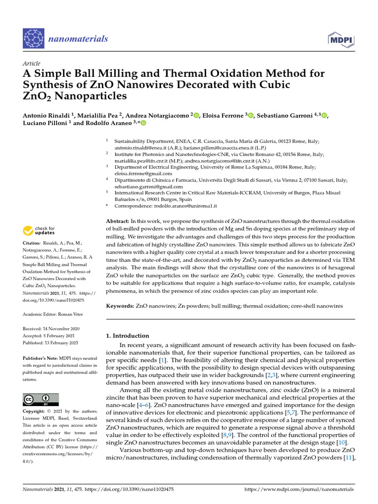 ZnO Nanowires Synthesis via Ball Milling | PDF | Zinc Oxide | Nanomaterials