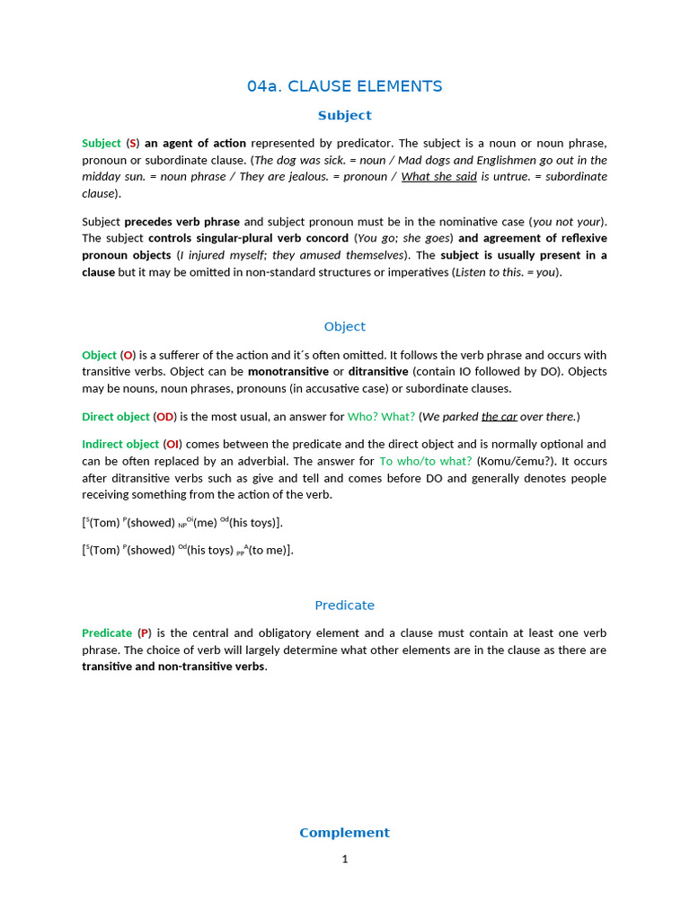 Understanding Clause Elements in Grammar | PDF | Subject (Grammar) | Verb