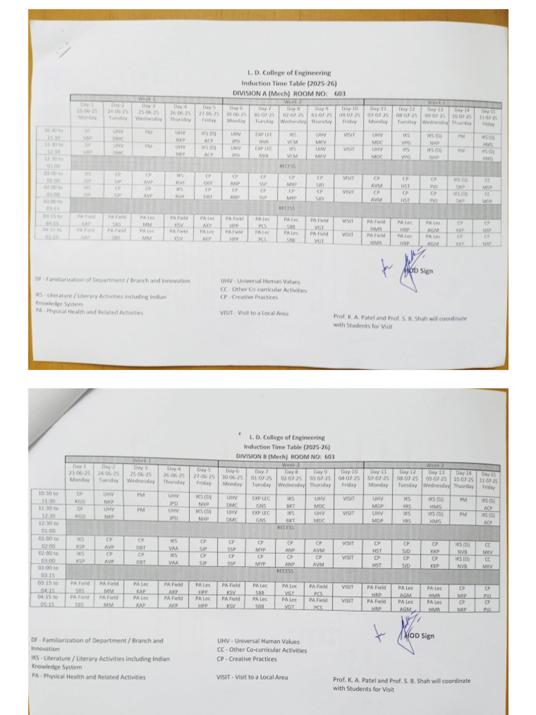 Induction Time Table Odd 25-26 | PDF