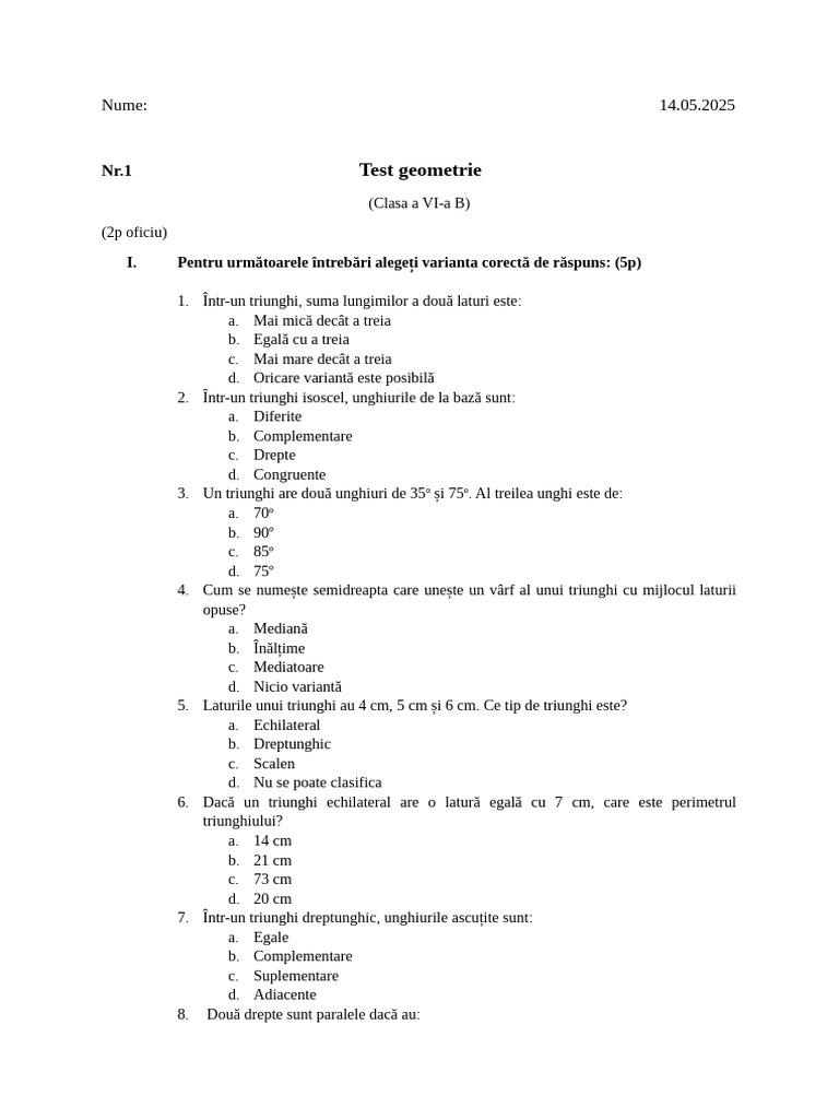 Test Clasa 6B - Geometrie (Triunghi) NR 1 | PDF