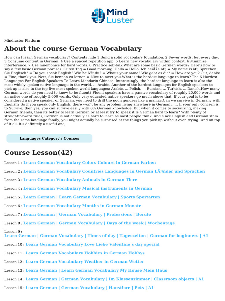 German Vocabulary Learning Course | PDF | English Language | German ...