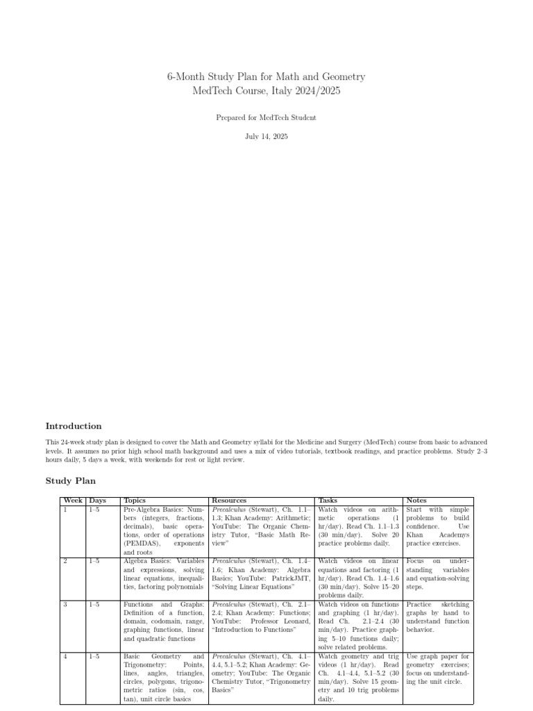 MedTech Math Study Plan 2024/2025 | PDF | Eigenvalues And Eigenvectors ...