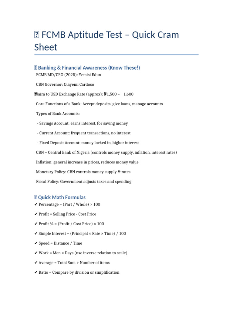 FCMB Aptitude Test Prep Guide | PDF