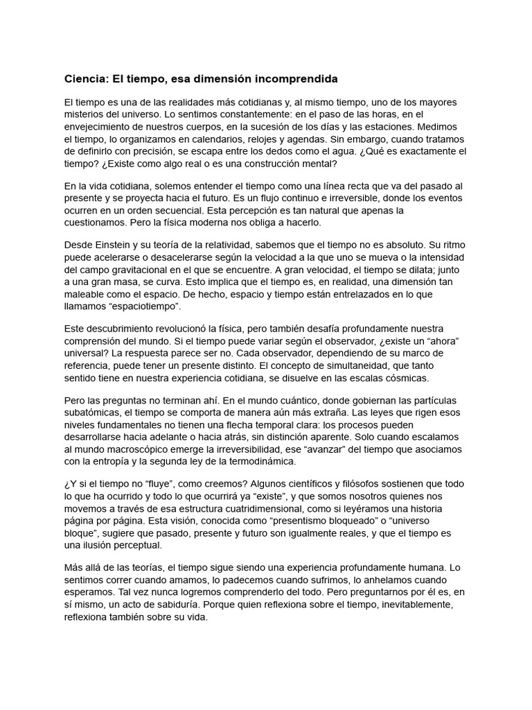 Ciencia - El Tiempo, Esa Dimensión Incomprendida | PDF | Hora | Espacio
