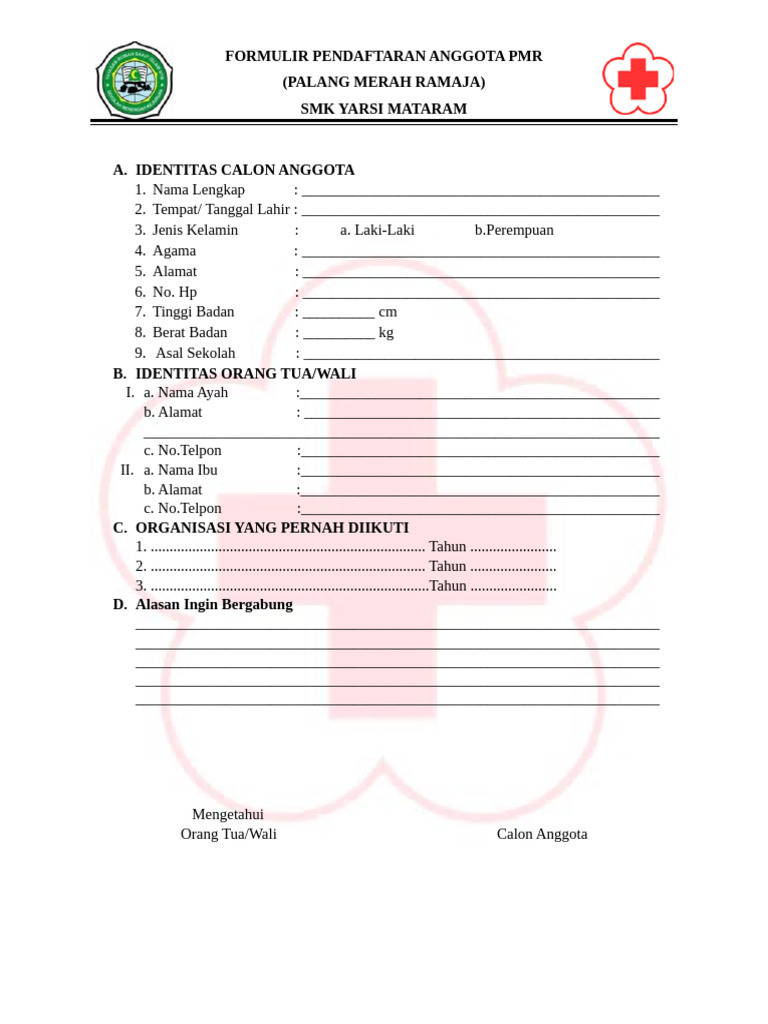 Formulir Pendaftaran Anggota PMR | PDF