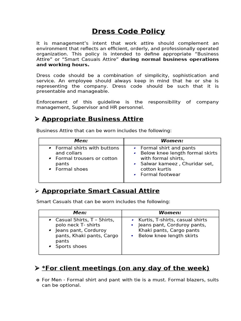 Dress Code Policy: Business & Smart Casuals | PDF | Trousers | Human  Appearance