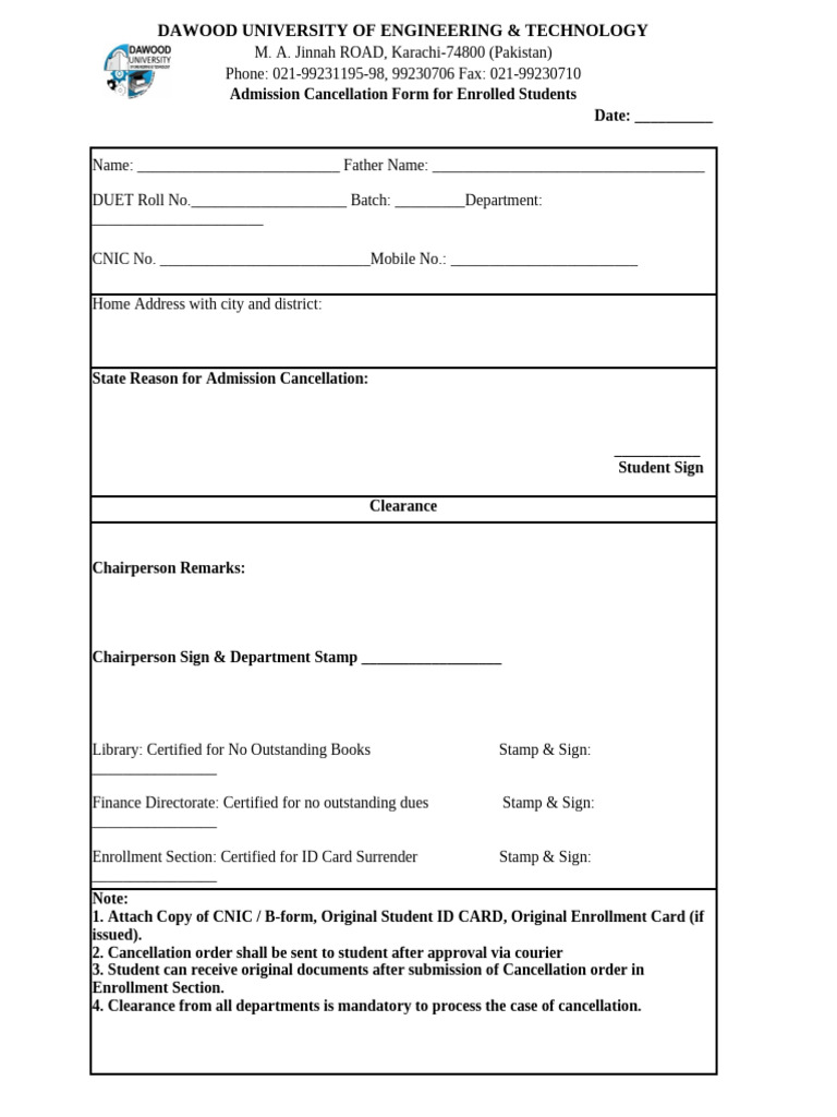 DAWOOD University Admission Cancellation Form | PDF