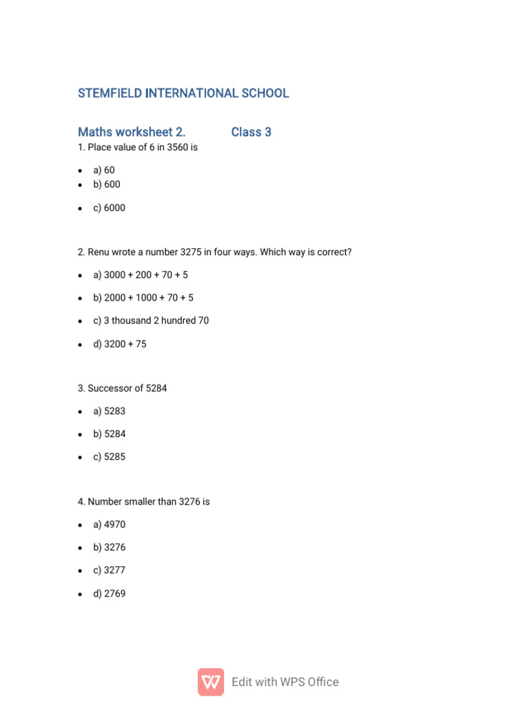 Class 3 Maths Worksheet 2 | PDF