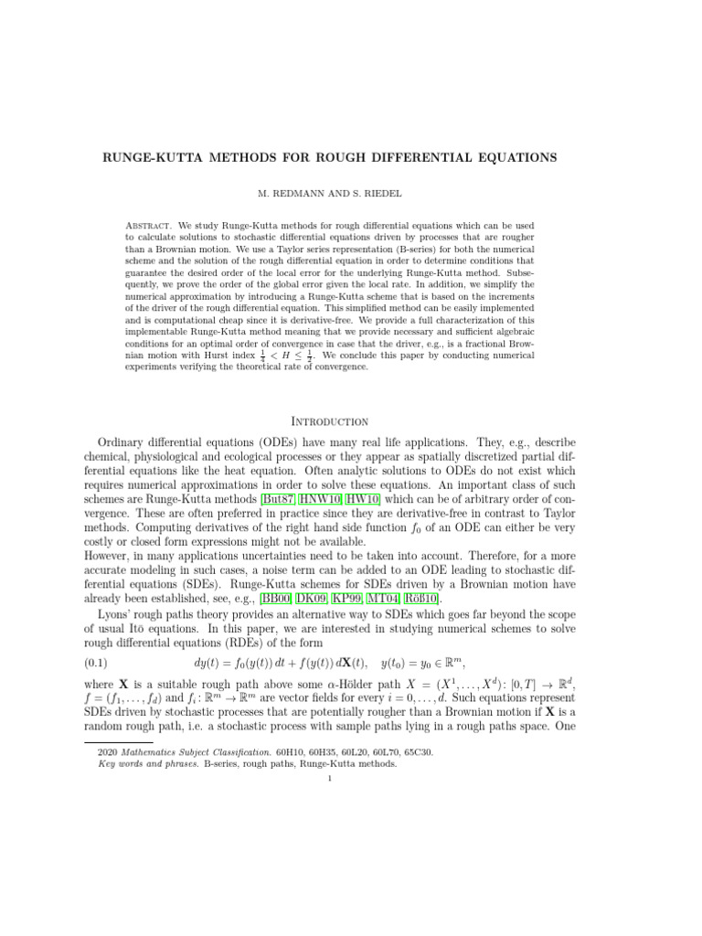 Runge-Kutta Methods for Rough Equations | PDF | Stochastic Differential ...