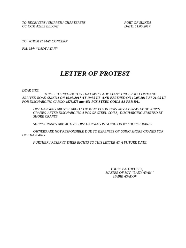 11.05.2017 Letter of Protest Ship's Cranes | PDF