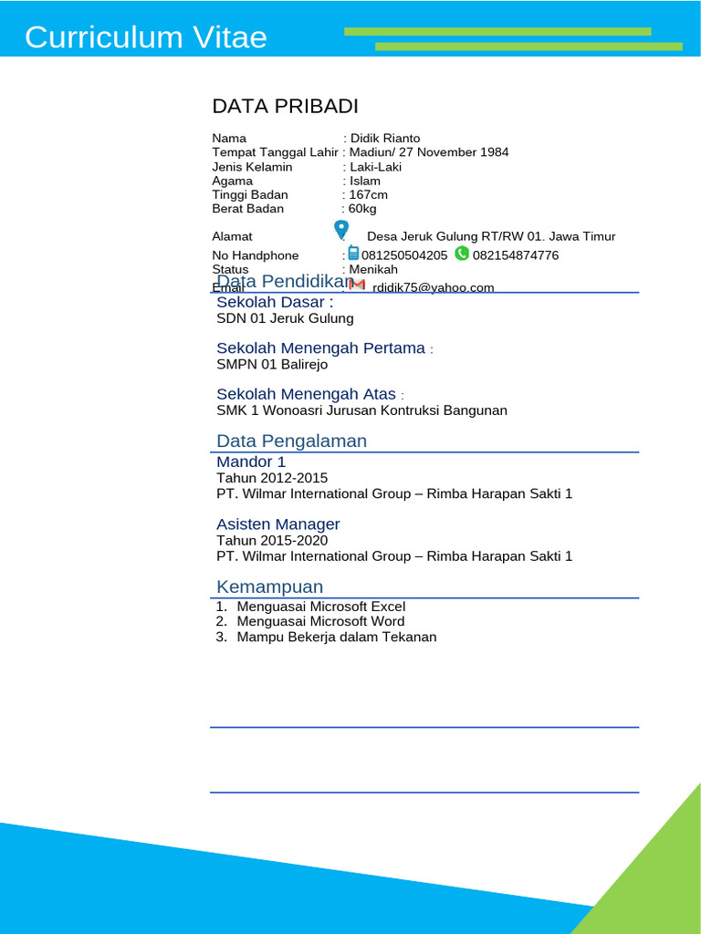 CV Simpel Didik Rianto | PDF