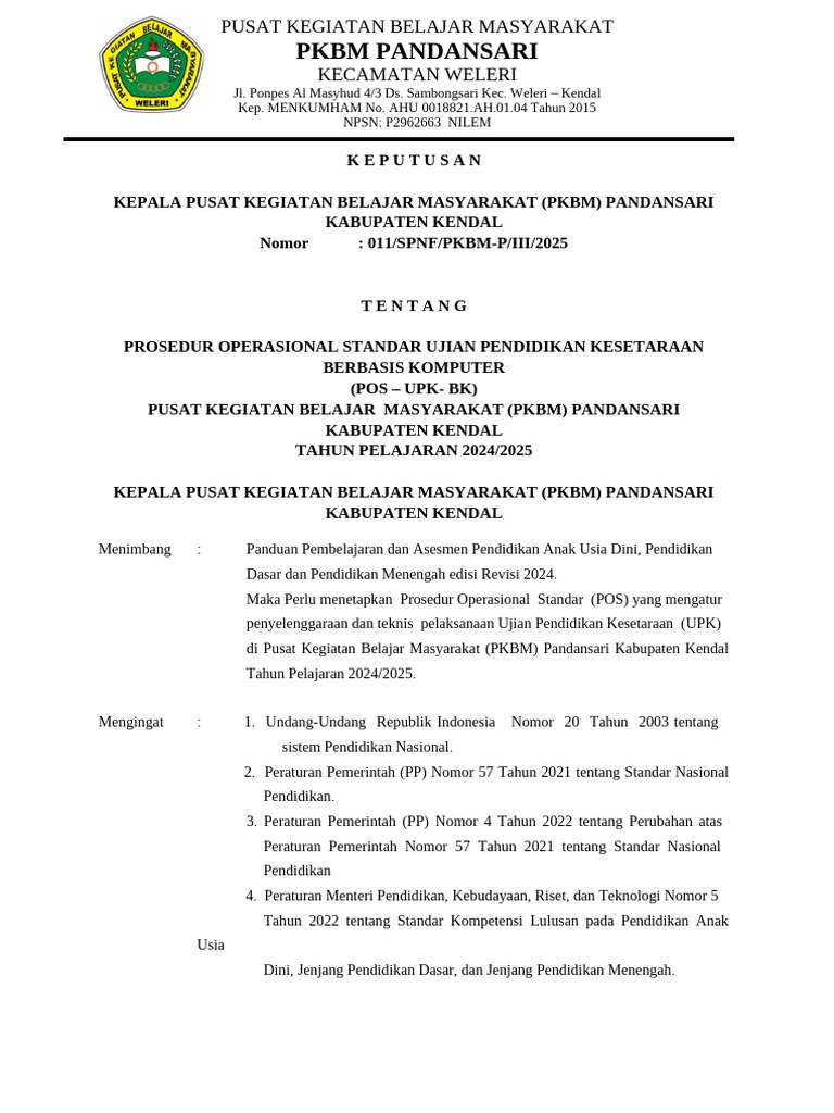 POS Ujian Pendidikan Kesetaraan PKBM 2024 | PDF