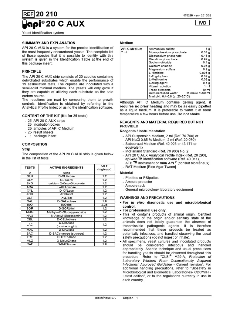 API 20 C AUX Yeast Identification Guide | PDF | Sodium