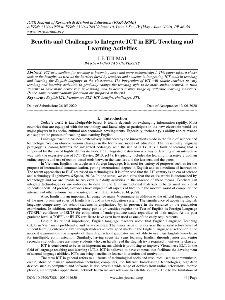 ICT Integration in EFL Teaching: Benefits & Challenges | PDF ...