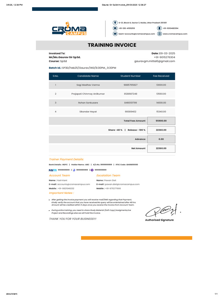Sp3d Training Invoice Details | PDF