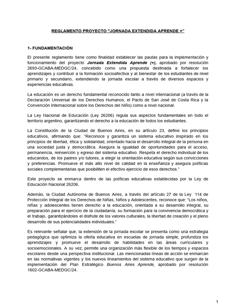 Reglamento Proyecto Jornada Extendida | PDF | Enseñando | Aprendizaje