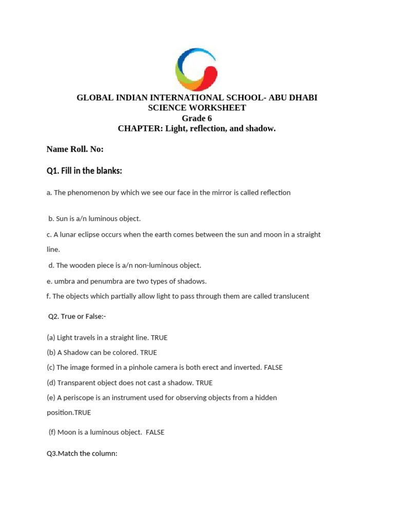 WorkSheet Light Shadow and Reflection | PDF | Shadow | Eclipse