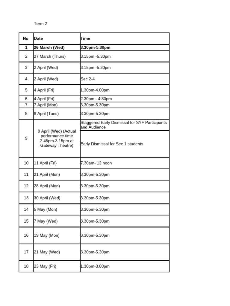 Term 2 Schedule and Rehearsals | PDF