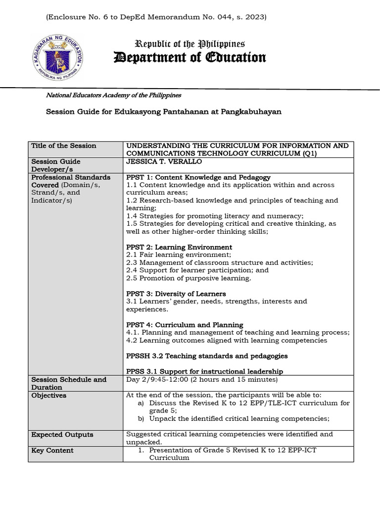 EPP 5 Revised Curriculum Overview | PDF | Curriculum | Learning