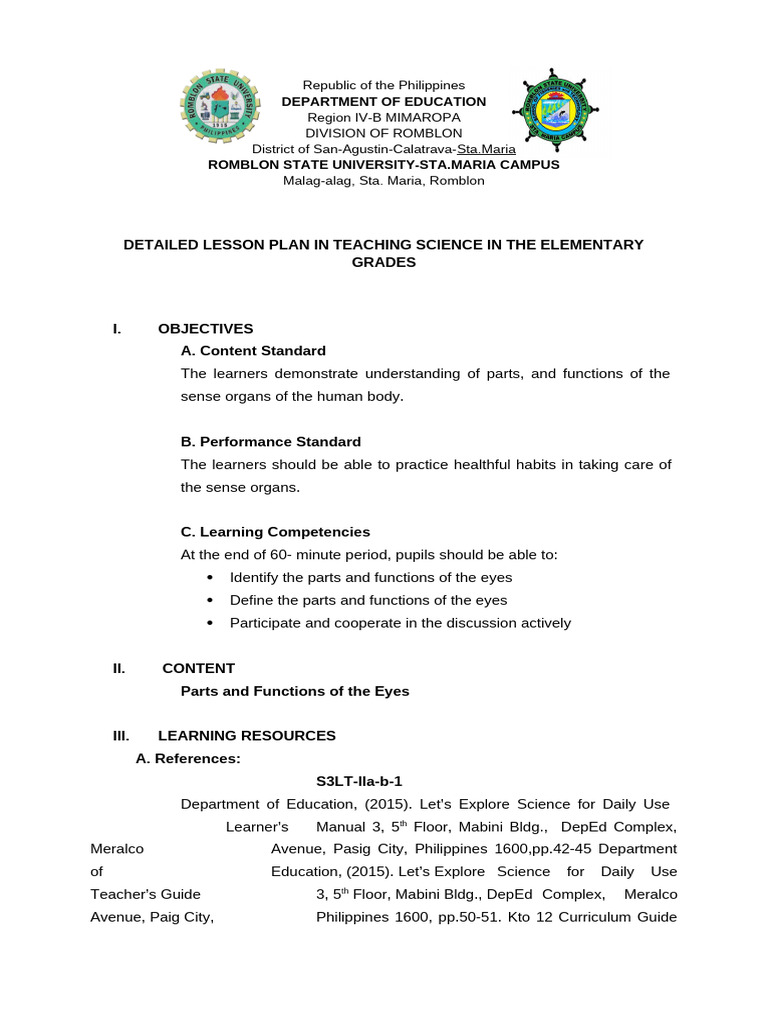 Lesson Plan in Science 3 | PDF | Eye | Camera