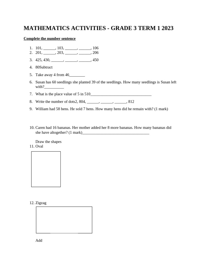 Grade 3 Math Activities Term 1 2023 | PDF