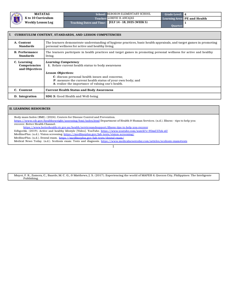 Grade 4 PE Health Weekly Lesson Plan | PDF | Body Mass Index