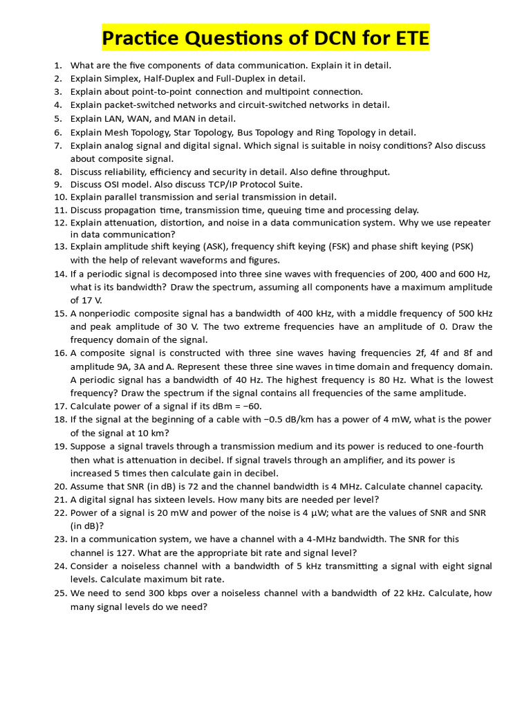 DCN Practice Questions for ETE Exam | PDF | Signal To Noise Ratio | Decibel