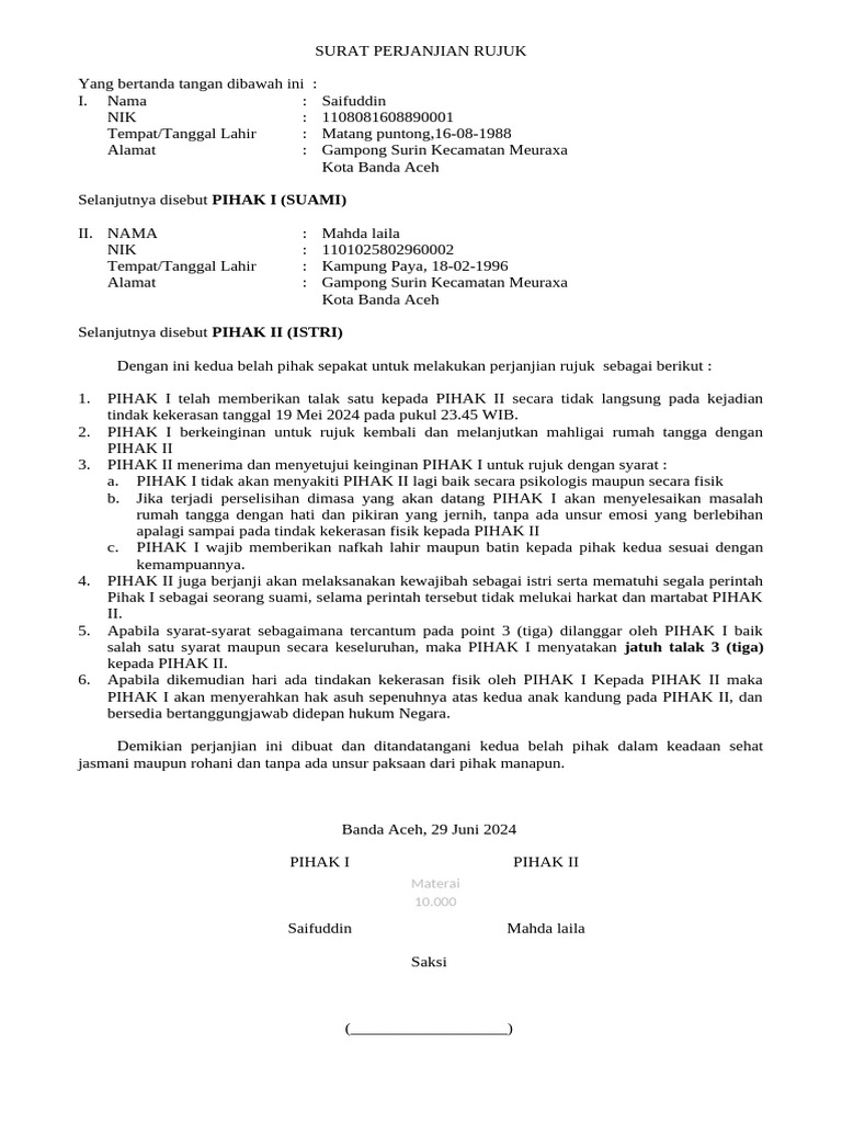 Perjanjian Rujuk Suami Istri 2024 | PDF